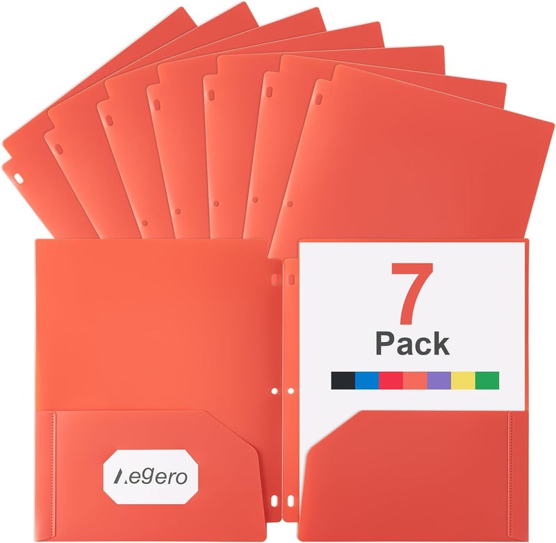 Aegero Plastic 3 Hole Punch Folders with Pockets (7 Pack, Orange), Fits 3-Ring Binder, Divider Folder for Notebook, Durable Poly，Holds US Standard 8.5x11 Letter Size Paper - Image 1